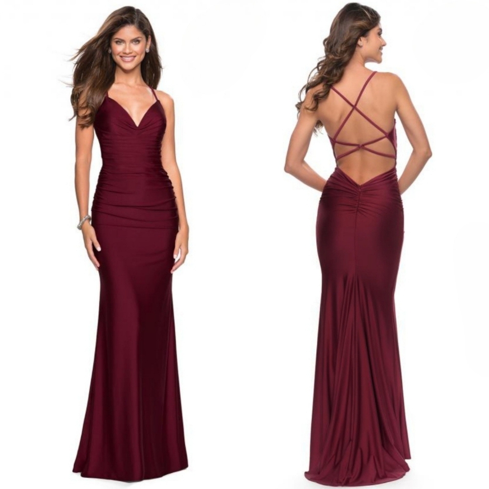 NEW La Femme | Strappy Back Berry Ruched Gown
